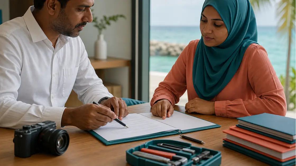 Two people reviewing a rental agreement with camera gear and tools on a table beside the sea