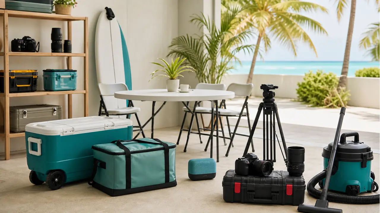 Camera gear, event items, tools, speakers, and storage boxes arranged in a bright Maldives rental showroom